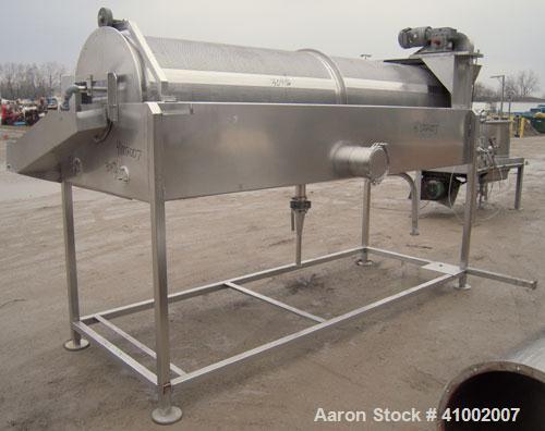Used A.K. Robins & Company Rotary Underwater Reel Cooler, Model URC72, 304 stainless seel. Horizontal perforated drum 30" diameter x 120" long, driven by an approximately 3/4 hp gearmotor, ratio 50 t...