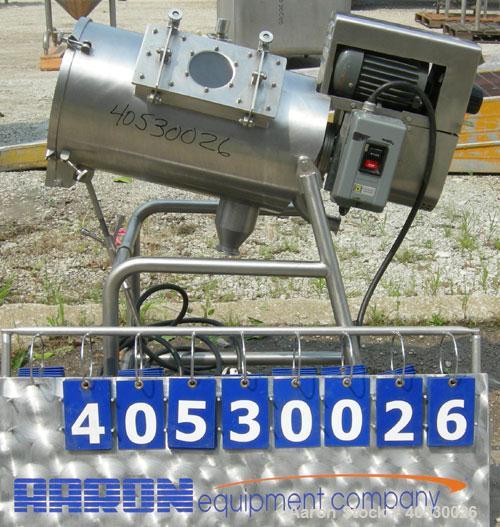 Used Rotary Screener/Separator, 304 stainless steel. Approximate 5" diameter x 16" long filter chamber with cloth. Approximate 13" diameter x 17 1/2" long housing with spray manifold. 1 1/2" tri-clam...