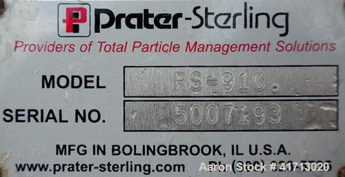 Used Prater Industries Rota-Sieve Centrifugal Sifter, Model RS-91C, 304 Stainless Steel. Approximate 8" diameter x 23" long plastic screen section, 410 square inch area, 725 rpm rotor speed. Approxim...
