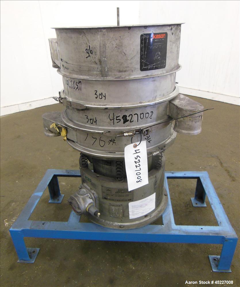 Used Sweo Vibratory Siever, Model LS18S33, 18" separator, 1/4 hp, 460v, 1140 rpm motor. 3 decks with 1- 150 mesh stainless steel wire screen cloth, 1- 325 mesh stainless steel wire screen. Mounted on...