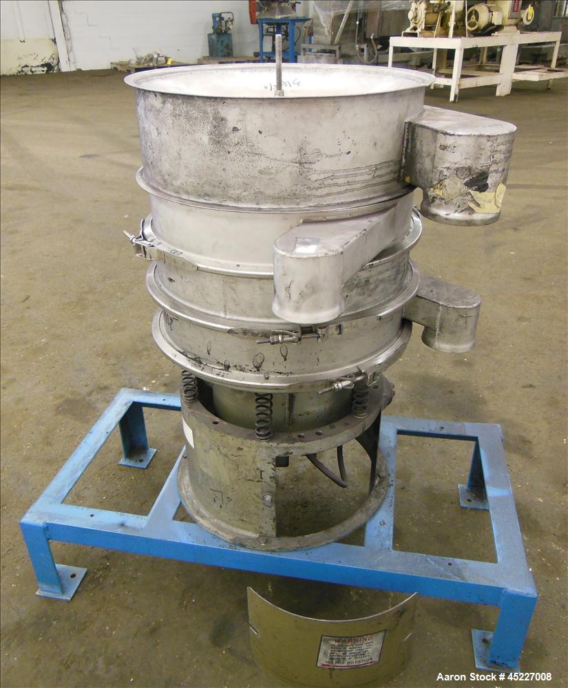 Used Sweo Vibratory Siever, Model LS18S33, 18" separator, 1/4 hp, 460v, 1140 rpm motor. 3 decks with 1- 150 mesh stainless steel wire screen cloth, 1- 325 mesh stainless steel wire screen. Mounted on...