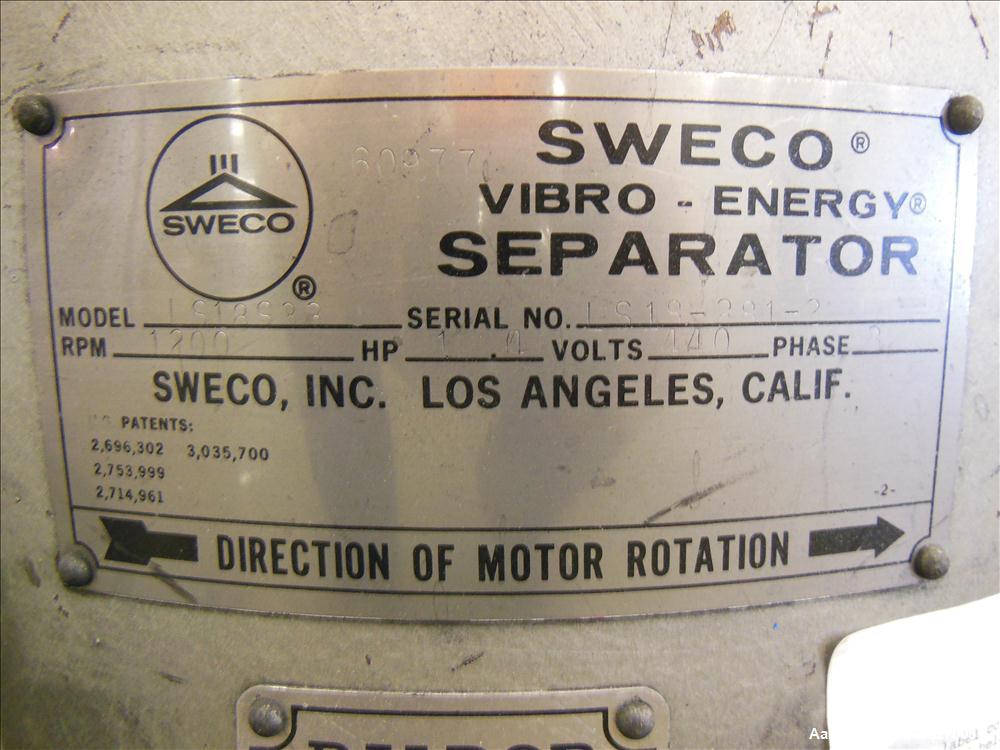 Used Sweo Vibratory Siever, Model LS18S33, 18" separator, 1/4 hp, 460v, 1140 rpm motor. 3 decks with 1- 150 mesh stainless steel wire screen cloth, 1- 325 mesh stainless steel wire screen. Mounted on...