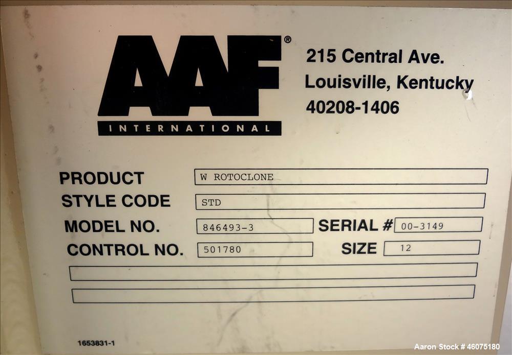 Used AAF Type W RotoClone Wet Centrifugal Collector Scrubber, Size 12, Arrangement A, Model 846496-3, Carbon Steel. Capacity 2400 cfm at 2 W.G. at 1750 rpm. Driven by a 5hp, 3/60/230-460 volt, 1750 r...
