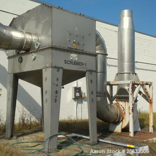 Used Tri-Mer Scrubber, Model 95T, Stainless Steel. 18" Diameter inlet/outlet. Cone bottom with 3-1/2" threaded center bottom outlet. Mounted on 4 stainless steel legs. Side mounted blower driven by a...