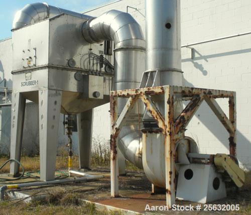 Used Tri-Mer Scrubber, Model 95T, Stainless Steel. 18" Diameter inlet/outlet. Cone bottom with 3-1/2" threaded center bottom outlet. Mounted on 4 stainless steel legs. Side mounted blower driven by a...