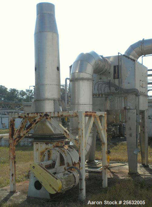 Used Tri-Mer Scrubber, Model 95T, Stainless Steel. 18" Diameter inlet/outlet. Cone bottom with 3-1/2" threaded center bottom outlet. Mounted on 4 stainless steel legs. Side mounted blower driven by a...