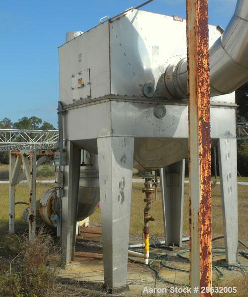 Used Tri-Mer Scrubber, Model 95T, Stainless Steel. 18" Diameter inlet/outlet. Cone bottom with 3-1/2" threaded center bottom outlet. Mounted on 4 stainless steel legs. Side mounted blower driven by a...