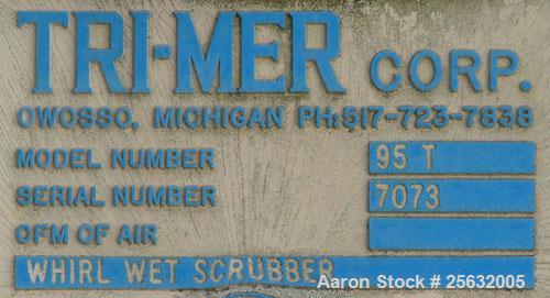 Used Tri-Mer Scrubber, Model 95T, Stainless Steel. 18" Diameter inlet/outlet. Cone bottom with 3-1/2" threaded center bottom outlet. Mounted on 4 stainless steel legs. Side mounted blower driven by a...