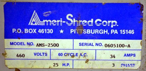 Used Ameri-Shred Series 3 Strip Cut Industrial Paper Shredder, Model AMS-2500, Carbon Steel. 20” Wide feed throat, (29) approximately 10” diameter x 3/4” thick cutters, over/under design, 20” wide x ...