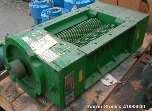 Used JWC Environmental Twin Shaft Open Channel Muffin Monster Shredder, Model 30001-12, Carbon Steel. (2) rows of  4-3/4" diameter intermeshing cutters. Rated approximately 490 gallons per minute. 9’...