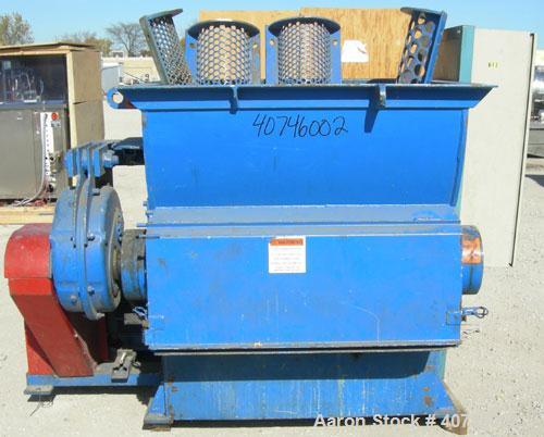 Used Vecoplan single shaft shredder, model VAZ 120/105C, carbon steel. Approximately 8" diameter x 42 1/4" wide rotor with bolt-on cutters. 42 3/16" x 48 7/8" feed opening with 43" tall bolt on hoppe...