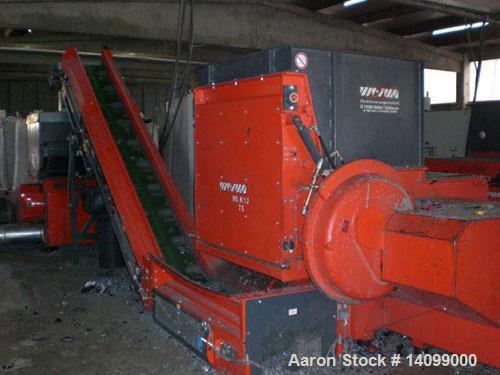 Used Weima WLK 12 Single Shaft Shredder. 64 rotor knives, 2 stationary knives, rotor diameter 14.5" (368 mm), rotor width 3.94' (1200 mm), feed opening 6.3' x 5.9' (1920 x 1800 mm), 100 hp/75 kW moto...