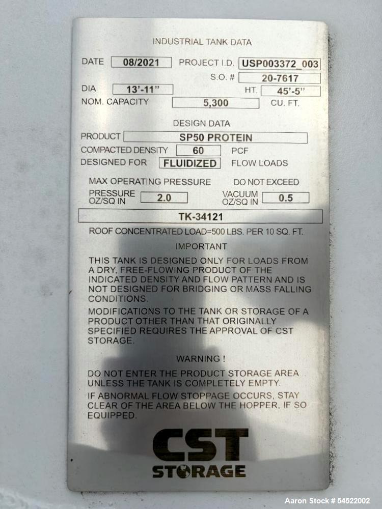 Unused 5,300 Cu. Ft. CST Bulk Storage Silo with Fluidized Flow Cone Bottom Design
