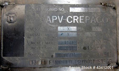 Used APV Crepaco Storage Silo, Size 30K, 30,000 Gallon (4009 Cubic Feet), 316L Stainless Steel, Vertical.  Approximate 136” diameter x 545” overall height. Dished top, sloped bottom. (2) Sections on ...