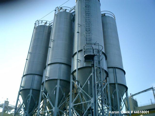 Used Pneuveyor Vertical Polymer Blending Silo, Model TK-3401 1-6, Aluminum construction, 2653 cubic foot capacity. 10 foot diameter X 32 foot straight side X 8'-7" cone bottom. Overall height is 57 f...
