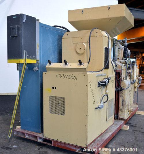 Used Meccaniche Moderne Duplex Vacuum Plodder. 1st Stage is a 10” diameter x 36” long 304 stainless steel refiner screw with feed hopper, approximate 12” long section of carbon steel jacketed barrel....