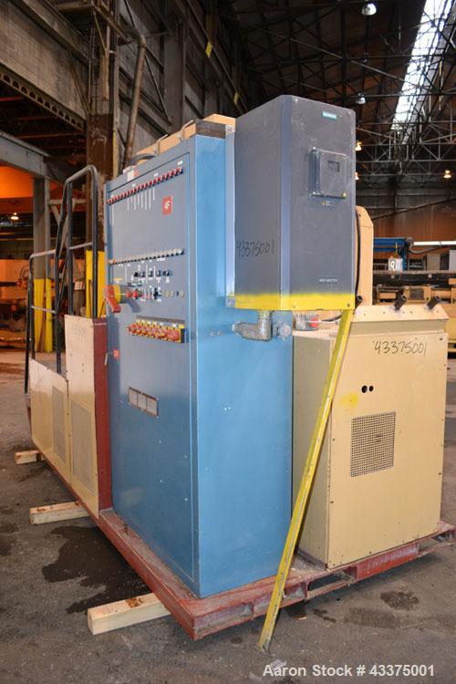 Used Meccaniche Moderne Duplex Vacuum Plodder. 1st Stage is a 10” diameter x 36” long 304 stainless steel refiner screw with feed hopper, approximate 12” long section of carbon steel jacketed barrel....