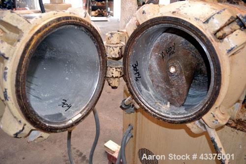 Used Meccaniche Moderne Duplex Vacuum Plodder. 1st Stage is a 10” diameter x 36” long 304 stainless steel refiner screw with feed hopper, approximate 12” long section of carbon steel jacketed barrel....
