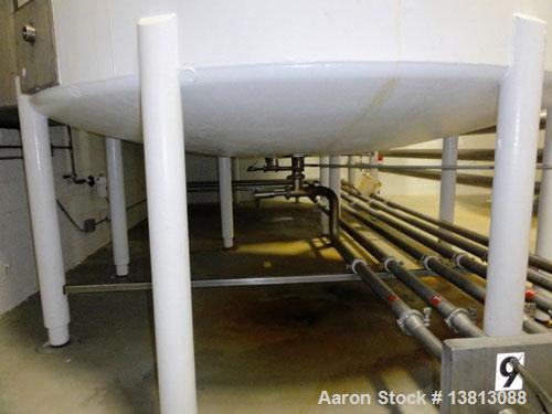 Used Mueller 5,000 Gallon Top Agitated Tank, R-22 cooling coils, mild steel exterior shell, dish top and dish bottom, bottom side manway, (8) mild steel legs, 2" bottom center tri-clamp discharge, 9'...