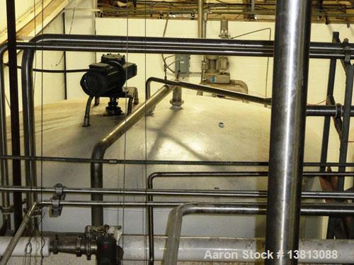 Used Mueller 5,000 Gallon Top Agitated Tank, R-22 cooling coils, mild steel exterior shell, dish top and dish bottom, bottom side manway, (8) mild steel legs, 2" bottom center tri-clamp discharge, 9'...