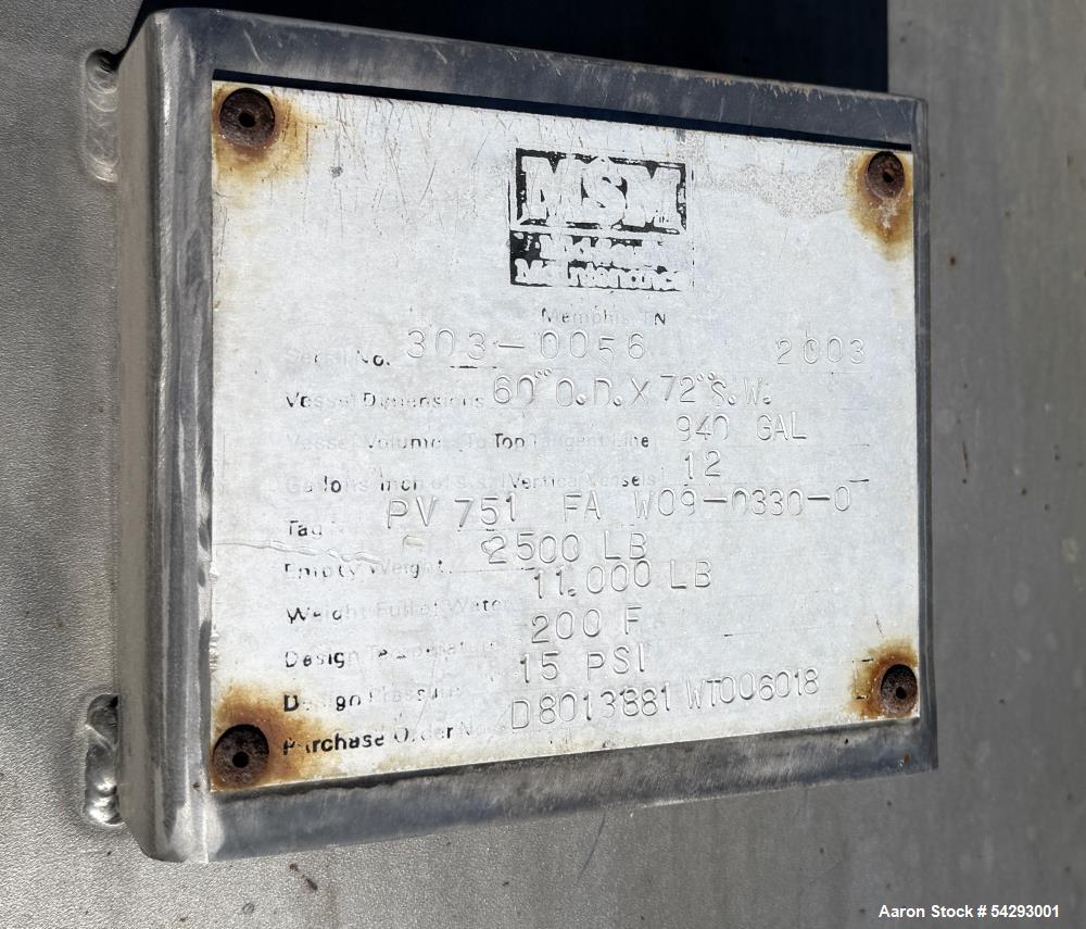 Used MSM 940 Gallon Alloy 20 Vertical Tank – 15 PSI @ 200°F, Side Lug Mounted