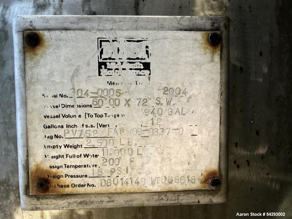 Buy Used 940 Gallon MSM Storage Tank – Alloy 20 Vertical Vessel with Center Drain