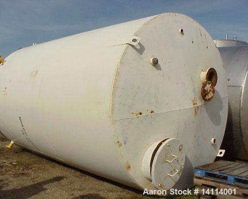 Used 9,840 US Gallon Carbon Steel Tank. Vertical, 10' diameter x 17' high (T-T). 12" dome top. Flat bottom with 3" drain. Top and bottom manway. Overall height 18'6". Top lifting lug.