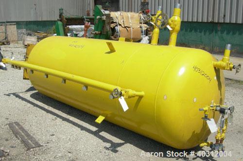 Used Morfab pressure tank, 950 gallon, carbon steel, vertical. Approximately 48" diameter x 120" straight side, dished top and bottom. Internal rated 250 psi at 650 deg F. Pedestal mount.