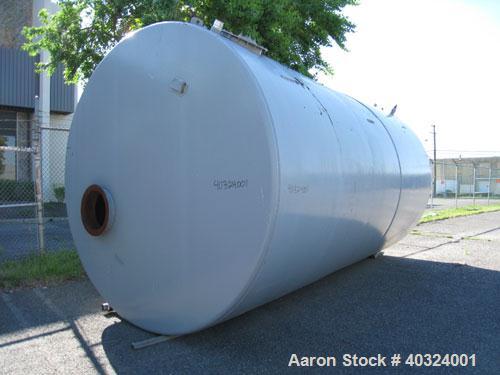 Used Tank, 12,300 gallon, carbon steel, horizontal. Approximately 10'6" diameter x 19' straight side, flat ends. Side manway, end manway, 4" end bottom outlet. Mounted on 3 saddles.