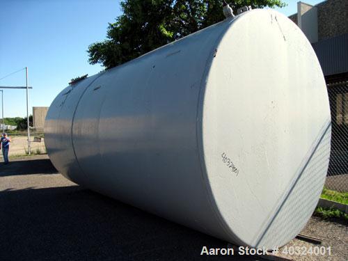 Used Tank, 12,300 gallon, carbon steel, horizontal. Approximately 10'6" diameter x 19' straight side, flat ends. Side manway, end manway, 4" end bottom outlet. Mounted on 3 saddles.