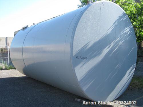 Used Tank, 12,300 gallon, carbon steel, horizontal. Approximately 10'6" diameter x 19' straight side, flat ends. Side manway, end manway, 4" end bottom outlet. Mounted on 3 saddles.