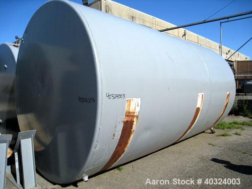 Used Tank, 12,300 gallon, carbon steel, horizontal. Approximately 10'6" diameter x 19' straight side, flat ends. Side manway, end manway, 4" end bottom outlet. Mounted on 3 saddles.