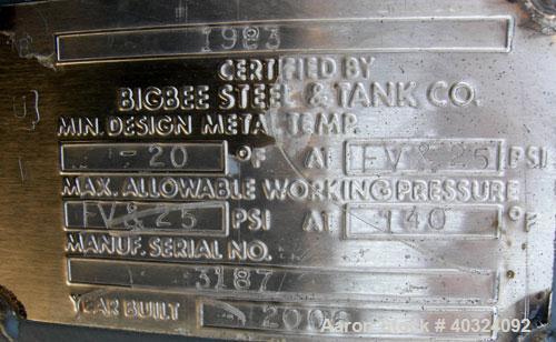 Unused: Bigbee Steel pressure tank, 2487 gallons, carbon steel, vertical. Approximately 60" diameter x 15' straight side, dished top and bottom. Internal rated -20 F at fv and 25 psi at 140 deg F. Op...