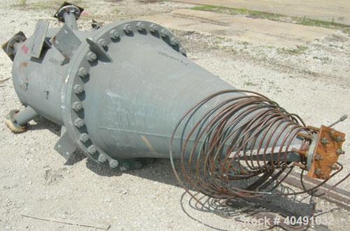 Used Missouri Boiler pressure tank, 145 gallon, carbon steel, vertical. Approximately 29" diameter x 48" straight side x 54" coned bottom, dish top. Internal rated 125 psi at 290 deg F. Openings: top...