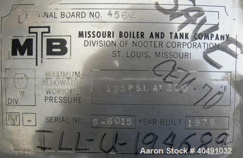 Used Missouri Boiler pressure tank, 145 gallon, carbon steel, vertical. Approximately 29" diameter x 48" straight side x 54" coned bottom, dish top. Internal rated 125 psi at 290 deg F. Openings: top...