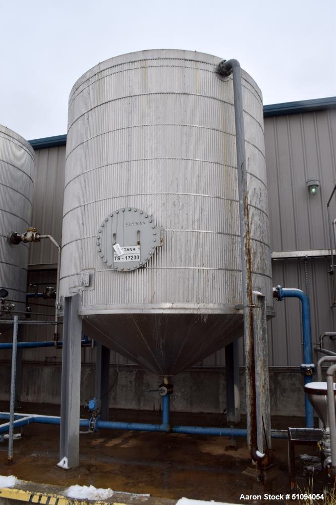 Used Par Piping & Fabrication Tank, 8500 Gallon, A36 Carbon Steel, Vertical. Approximate 132" diameter x 144" straight side, coned top & bottom. Internal rated -20 to 350 degrees F. Approximate 4" ce...