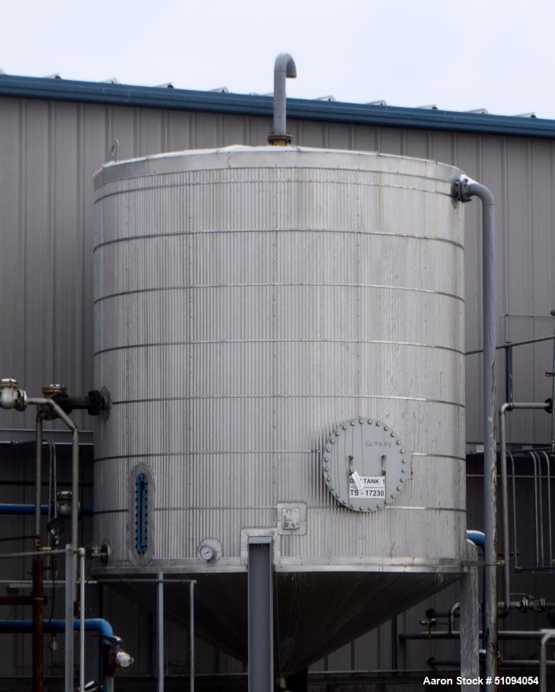 Used Par Piping & Fabrication Tank, 8500 Gallon, A36 Carbon Steel, Vertical. Approximate 132" diameter x 144" straight side, coned top & bottom. Internal rated -20 to 350 degrees F. Approximate 4" ce...