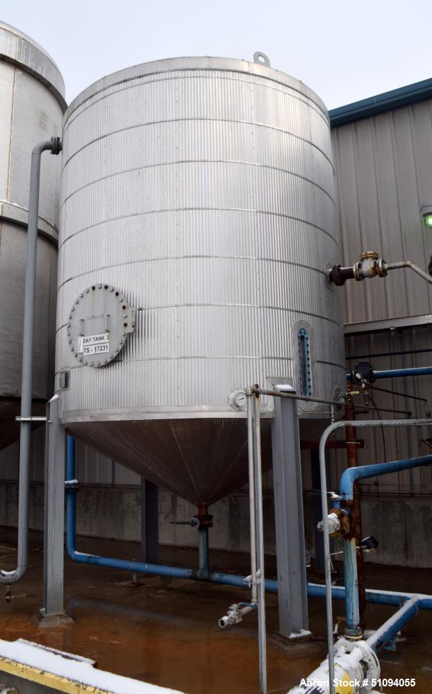 Used Par Piping & Fabrication Tank, 8500 Gallon, A36 Carbon Steel, Vertical. Approximate 132" diameter x " straight side, coned top & bottom. Internal rated -20 to 350 degrees F. Approximate 4" cente...
