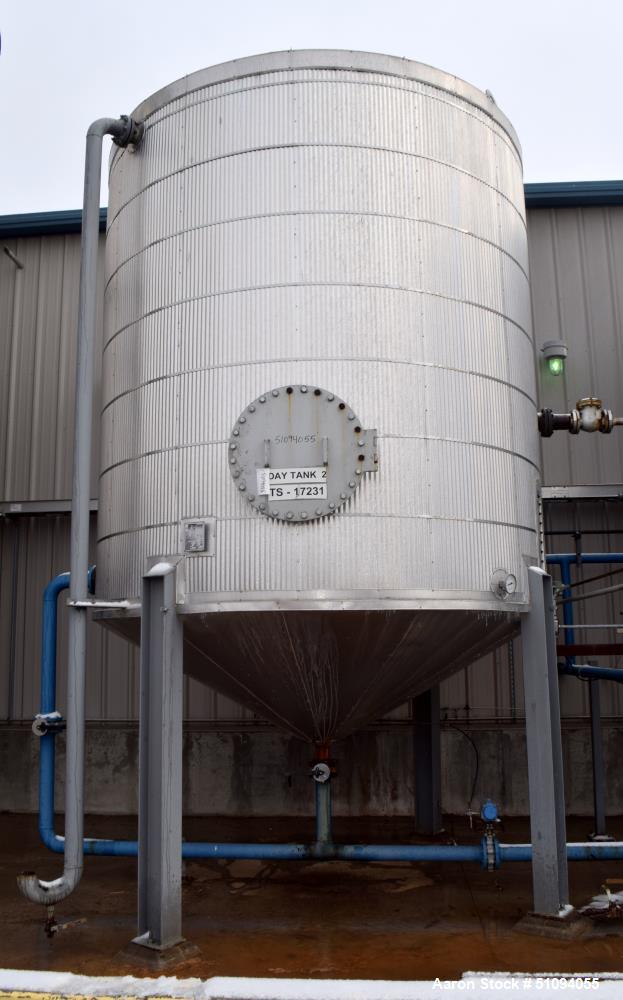 Used Par Piping & Fabrication Tank, 8500 Gallon, A36 Carbon Steel, Vertical. Approximate 132" diameter x " straight side, coned top & bottom. Internal rated -20 to 350 degrees F. Approximate 4" cente...