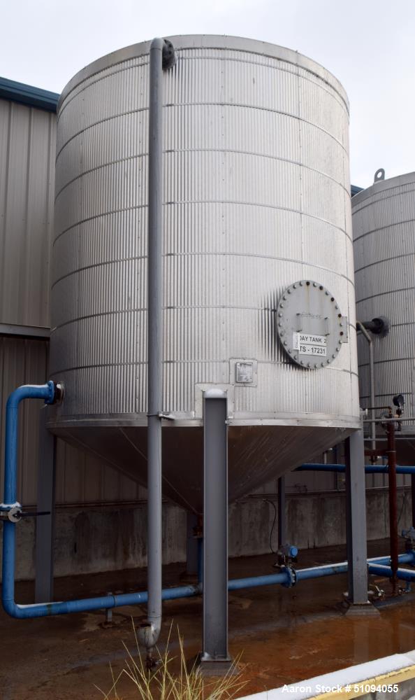Used Par Piping & Fabrication Tank, 8500 Gallon, A36 Carbon Steel, Vertical. Approximate 132" diameter x " straight side, coned top & bottom. Internal rated -20 to 350 degrees F. Approximate 4" cente...