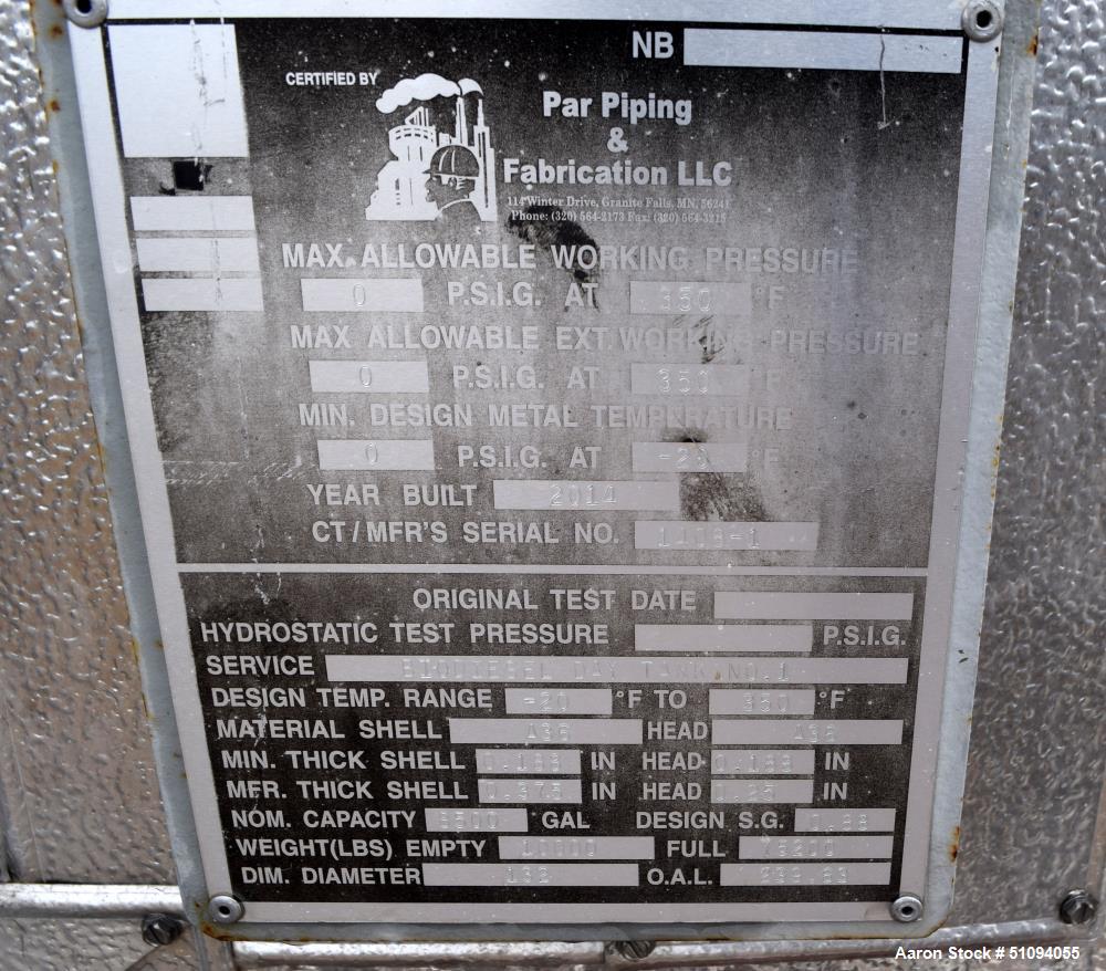 Used Par Piping & Fabrication Tank, 8500 Gallon, A36 Carbon Steel, Vertical. Approximate 132" diameter x " straight side, coned top & bottom. Internal rated -20 to 350 degrees F. Approximate 4" cente...