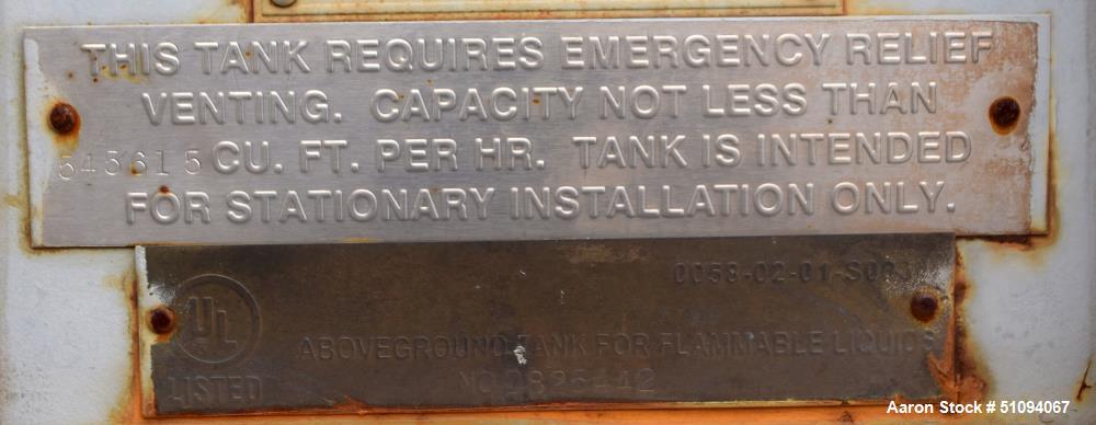 Used Squibb Tank Company Aboveground Flammable Liquid Tank, 29,600 Gallon, A36 Carbon Steel, Vertical. Approximate 143" diameter x 420" straight side, cone top, flat bottom. Design temperature to 350...