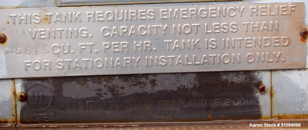 Used Squibb Tank Company Aboveground Flammable Liquid Tank, 29,600 Gallon, A36 Carbon Steel, Vertical. Approximate 143" diameter x 420" straight side, cone top, flat bottom. Design temperature to 350...