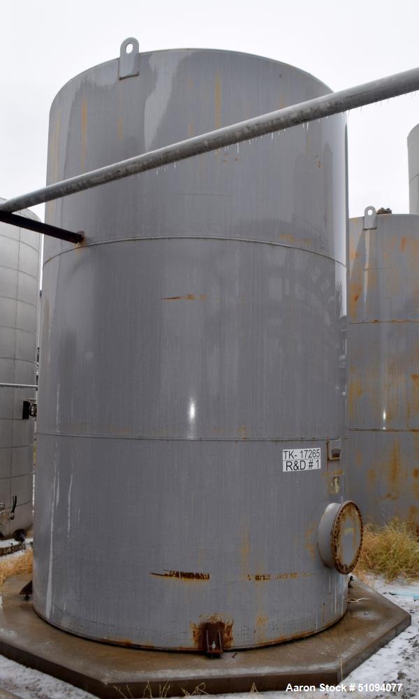 Used Squibb Tank Company Aboveground Flammable Liquid Tank, 15,000 Gallon, A36 Carbon Steel, Vertical. Approximate 143" diameter x 216" straight side, cone top, flat bottom. Openings top 4", 18" man ...