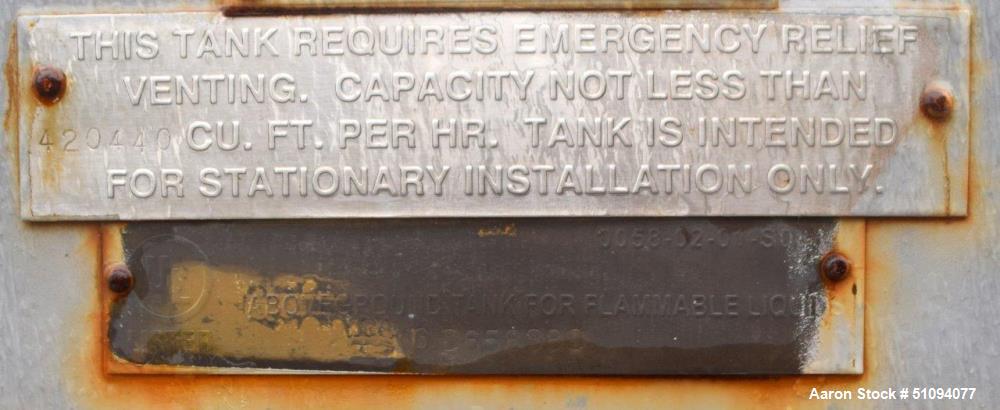 Used Squibb Tank Company Aboveground Flammable Liquid Tank, 15,000 Gallon, A36 Carbon Steel, Vertical. Approximate 143" diameter x 216" straight side, cone top, flat bottom. Openings top 4", 18" man ...
