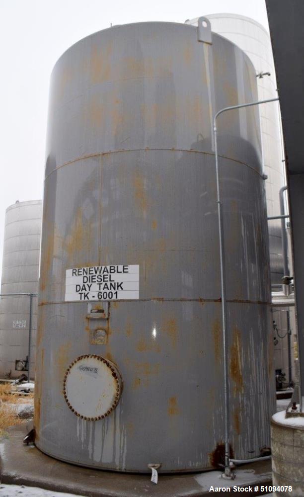 Used Squibb Tank Company Aboveground Flammable Liquid Tank, 15,000 Gallon, A36 Carbon Steel, Vertical. Approximate 143" diameter x 216" straight side, cone top, flat bottom. Openings top 4", 18" man ...