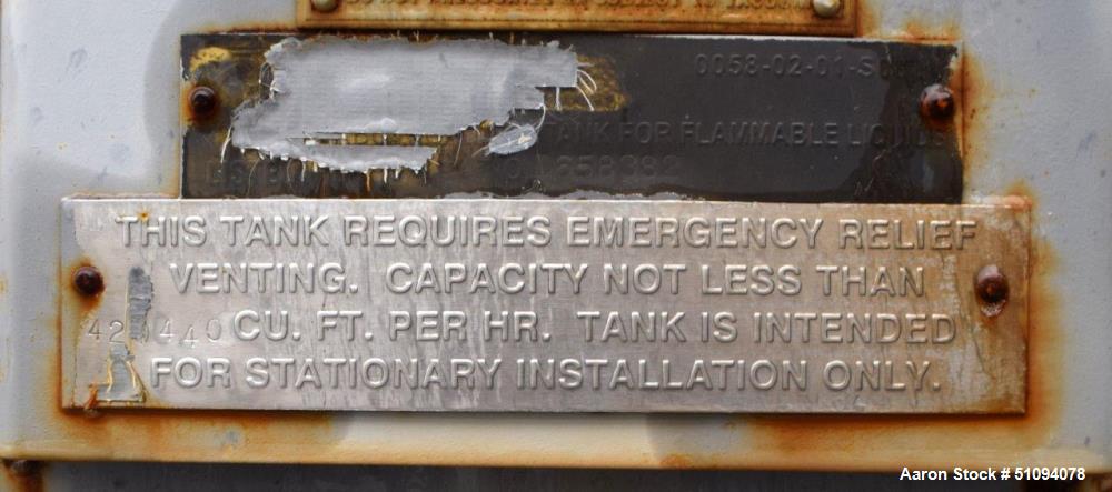 Used Squibb Tank Company Aboveground Flammable Liquid Tank, 15,000 Gallon, A36 Carbon Steel, Vertical. Approximate 143" diameter x 216" straight side, cone top, flat bottom. Openings top 4", 18" man ...