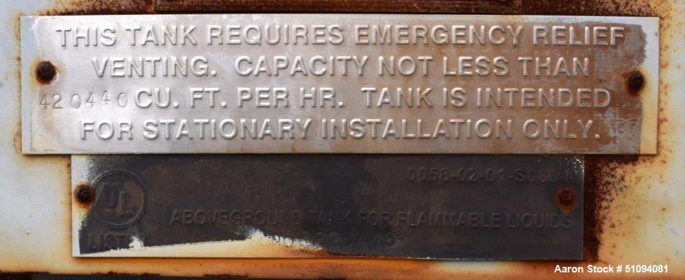 Used- Squibb Tank Company Above-ground Flammable Liquid Tank, 15,000 Gallon, A36 Carbon Steel, Vertical. Approximate 143" di...