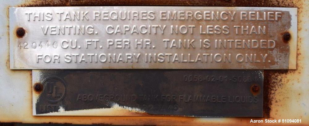 Used Squibb Tank Company Above-ground Flammable Liquid Tank, 15,000 Gallon, A36 Carbon Steel, Vertical. Approximate 143" diameter x 216" straight side, cone top, flat bottom. Openings top 4", 18" man...