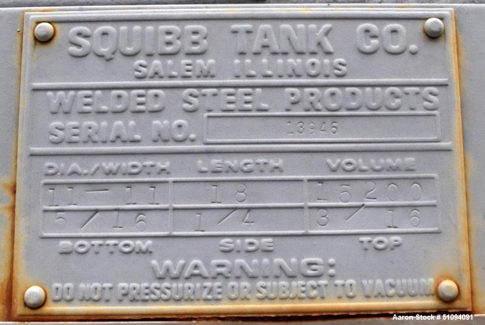 Used Squibb Tank Company Aboveground Flammable Liquid Tank, 15,000 Gallon, A36 Carbon Steel, Vertical. Approximate 143" diameter x 216" straight side, cone top, flat bottom. Openings top 4", 18" man ...